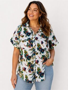 Croft & Barrow XL Floral Linen Blend Button Up Shirt Colorful Resort*